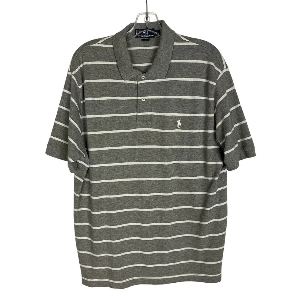Polo Ralph Lauren Mens XL Gray White Striped Short‎ Sleeve Polo Shirt Classic